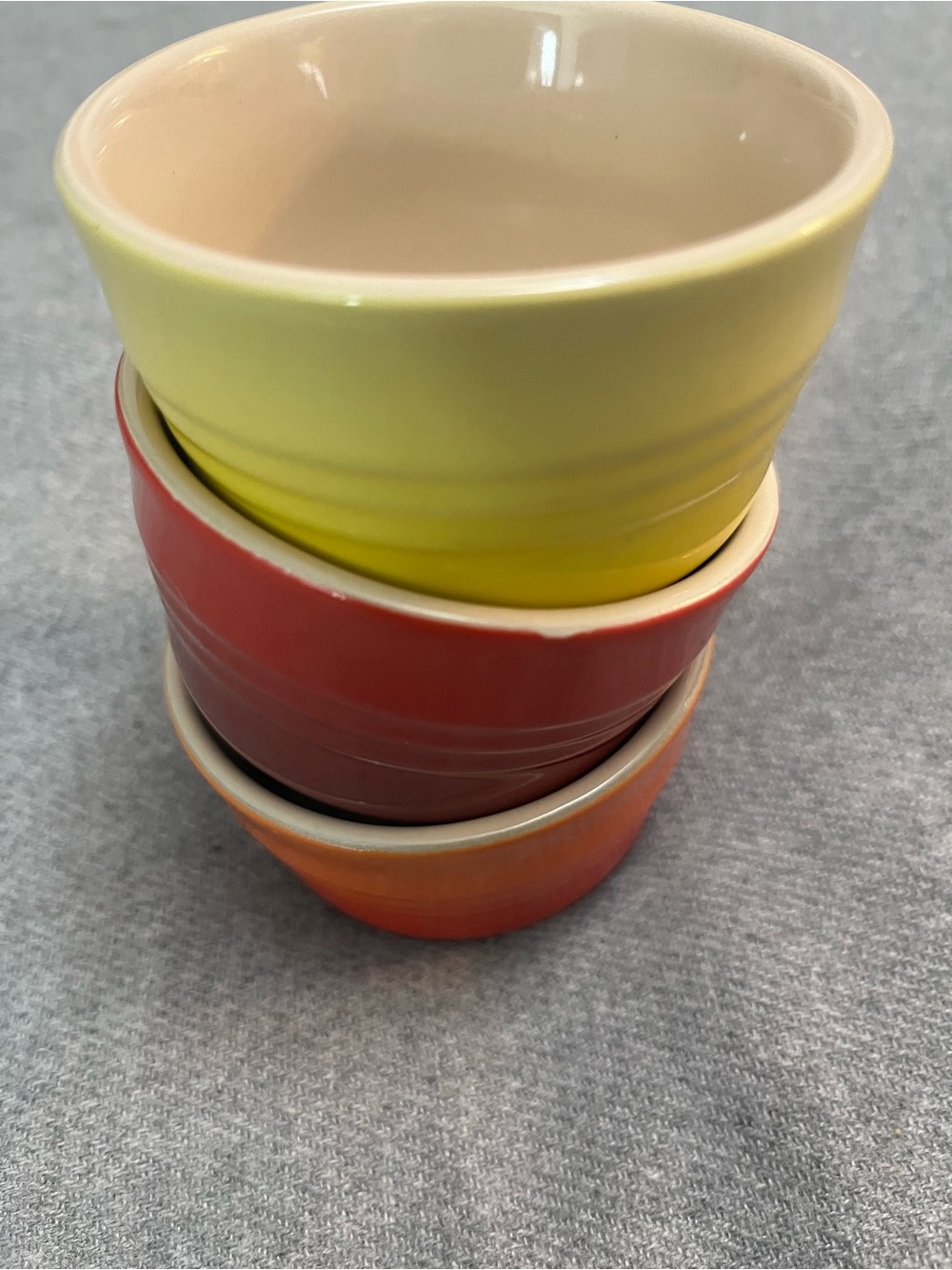 Le Creuset Trio of Glazed Ceramic Ramekins in Yellow, Red, Orange